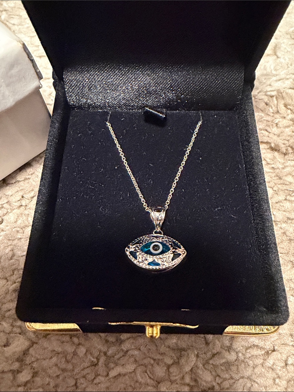 Evil eye filigree pendant and 18” 14K white gold chain necklace, NEW!